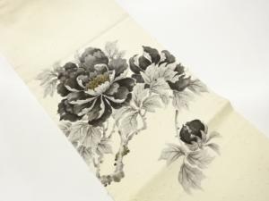 ひげ紬金彩手描き枝葉に牡丹模様名古屋帯